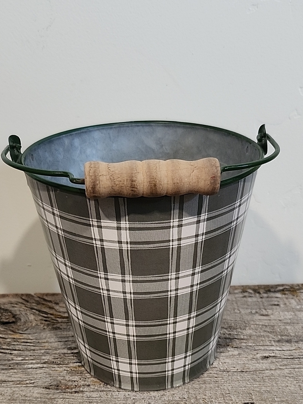 Plaid Decorative Metal Bucket with Wood Handle -